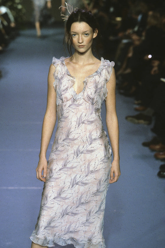 Chloé Spring Summer 1999 Runway Pale Blue Feather Motif Midi Dress