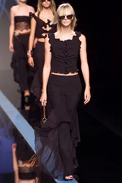 Valentino Spring Summer 2002 Runway Black Ruffle Top + Pant Set Full Look 2