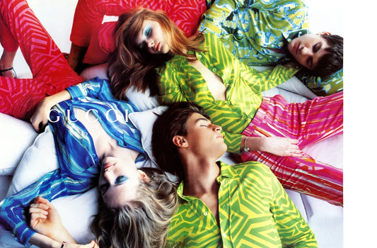 Gucci Spring Summer 1996 Runway Green Silk Top + Pink Paint Pant Set