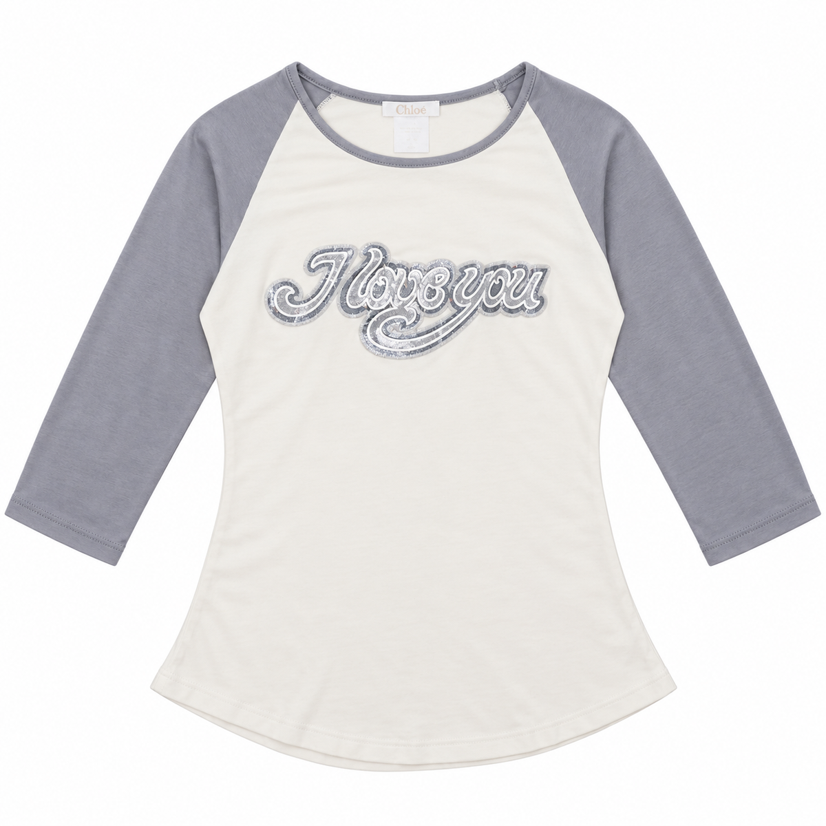 Front - Chloé Spring Summer 1999 'I Love You' raglan tee (ivory body, gray sleeves)