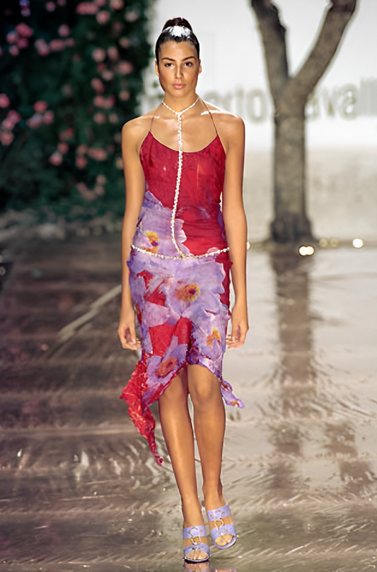 Roberto Cavalli Spring Summer 2000 Red and Purple Floral Print Crystal Tank + Skirt