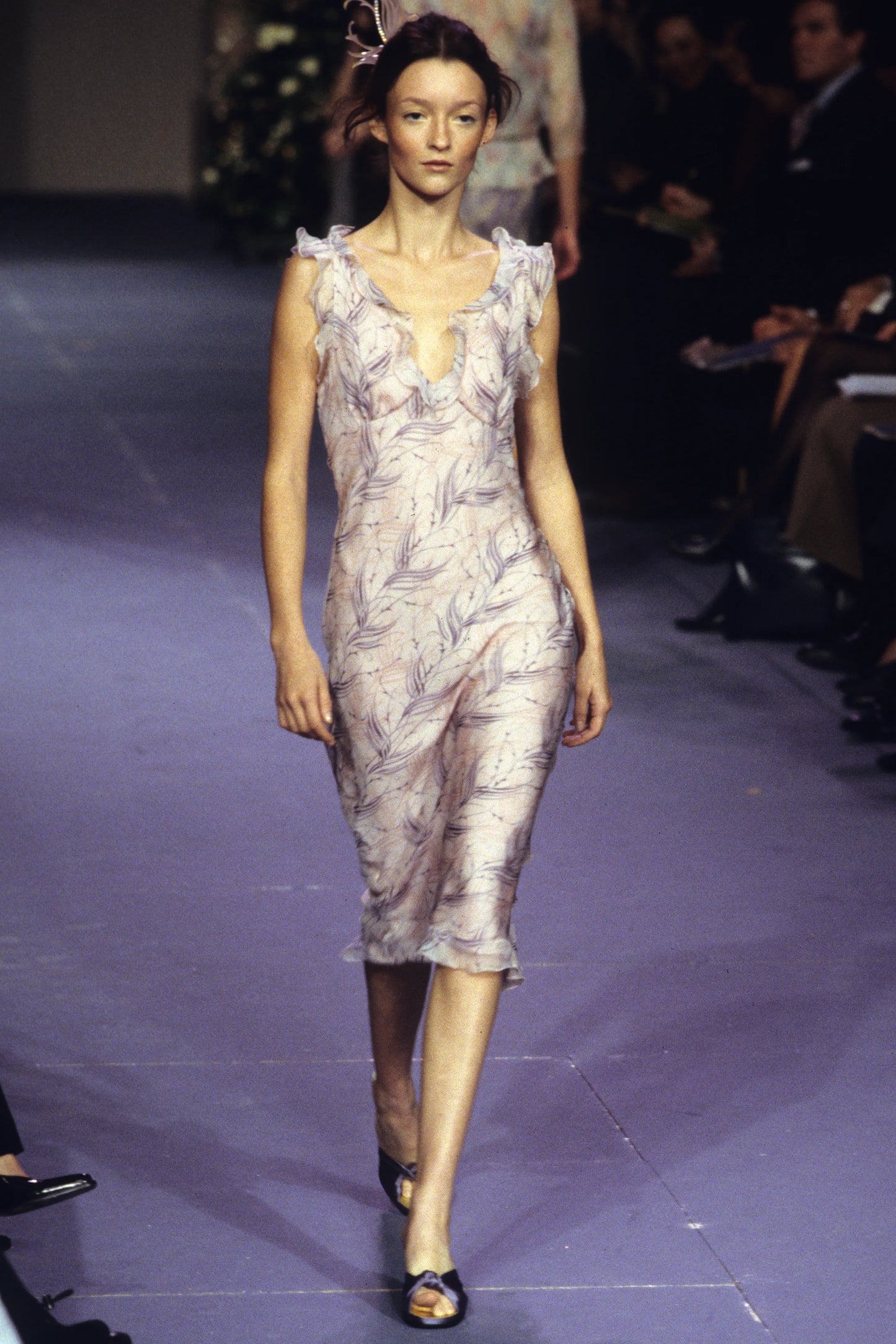 Chloé Spring Summer 1999 Runway Pale Blue Feather Motif Midi Dress