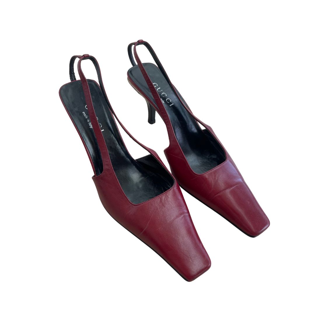 Gucci Spring Summer 1998 Red Leather Crystal G Heels, 6 1/2