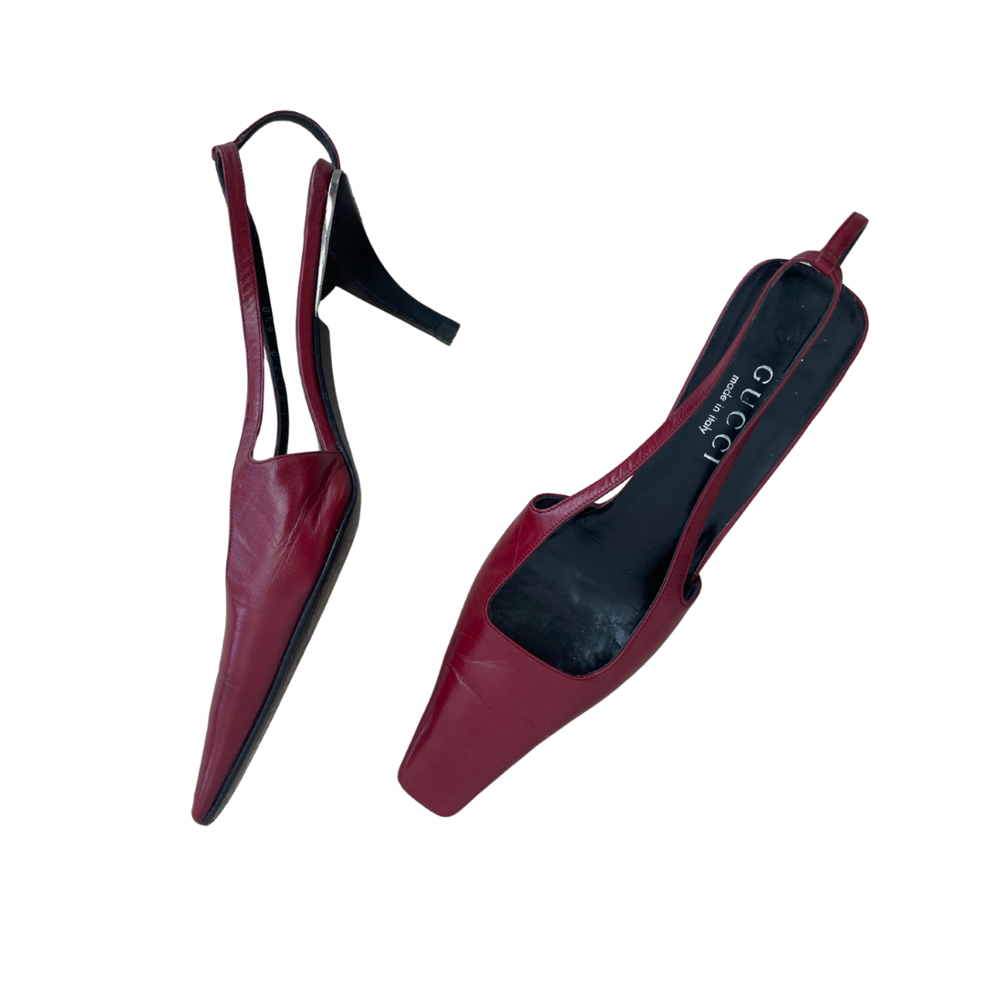 Gucci Spring Summer 1998 Red Leather Crystal G Heels, 6 1/2