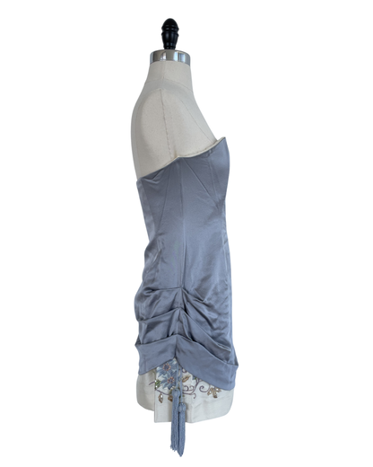 Chloé Spring Summer 1998 Runway Gray Blue Strapless Embroidered Tassel Dress