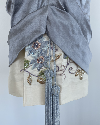 Chloé Spring Summer 1998 Runway Gray Blue Strapless Embroidered Tassel Dress