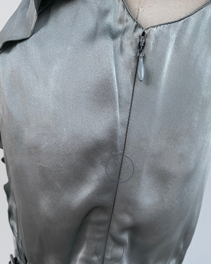 Detail of concealed back zipper on gray-blue silk midi dress