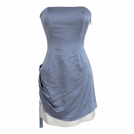 Chloé Spring Summer 1998 Runway Gray Blue Strapless Embroidered Tassel Dress