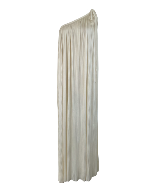 Halston 1970s Ivory Pleated One Shoulder Gown