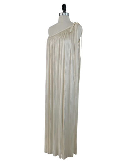 Halston 1970s Ivory Pleated One Shoulder Gown