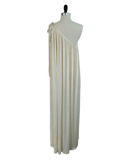 Halston 1970s Ivory Pleated One Shoulder Gown
