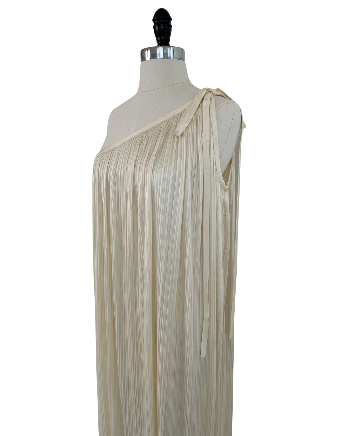 Halston 1970s Ivory Pleated One Shoulder Gown