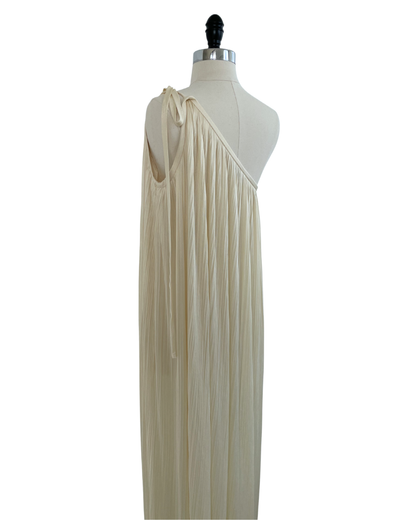 Halston 1970s Ivory Pleated One Shoulder Gown