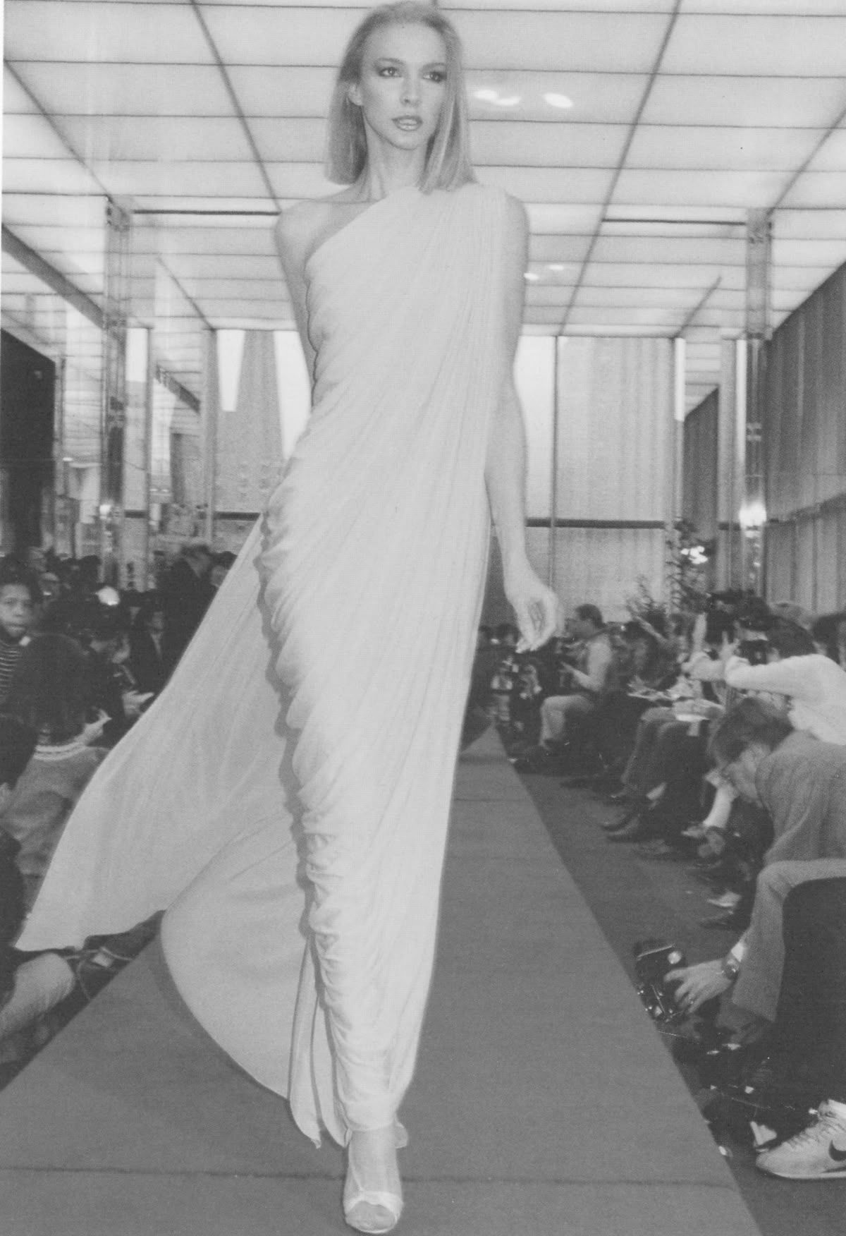 Halston 1970s Ivory Pleated One Shoulder Gown