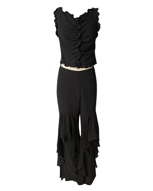 Valentino Spring Summer 2002 Runway Black Ruffle Top + Pant Set Full Look 2