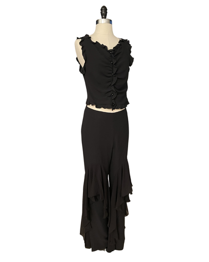 Valentino Spring Summer 2002 Runway Black Ruffle Top + Pant Set Full Look 2