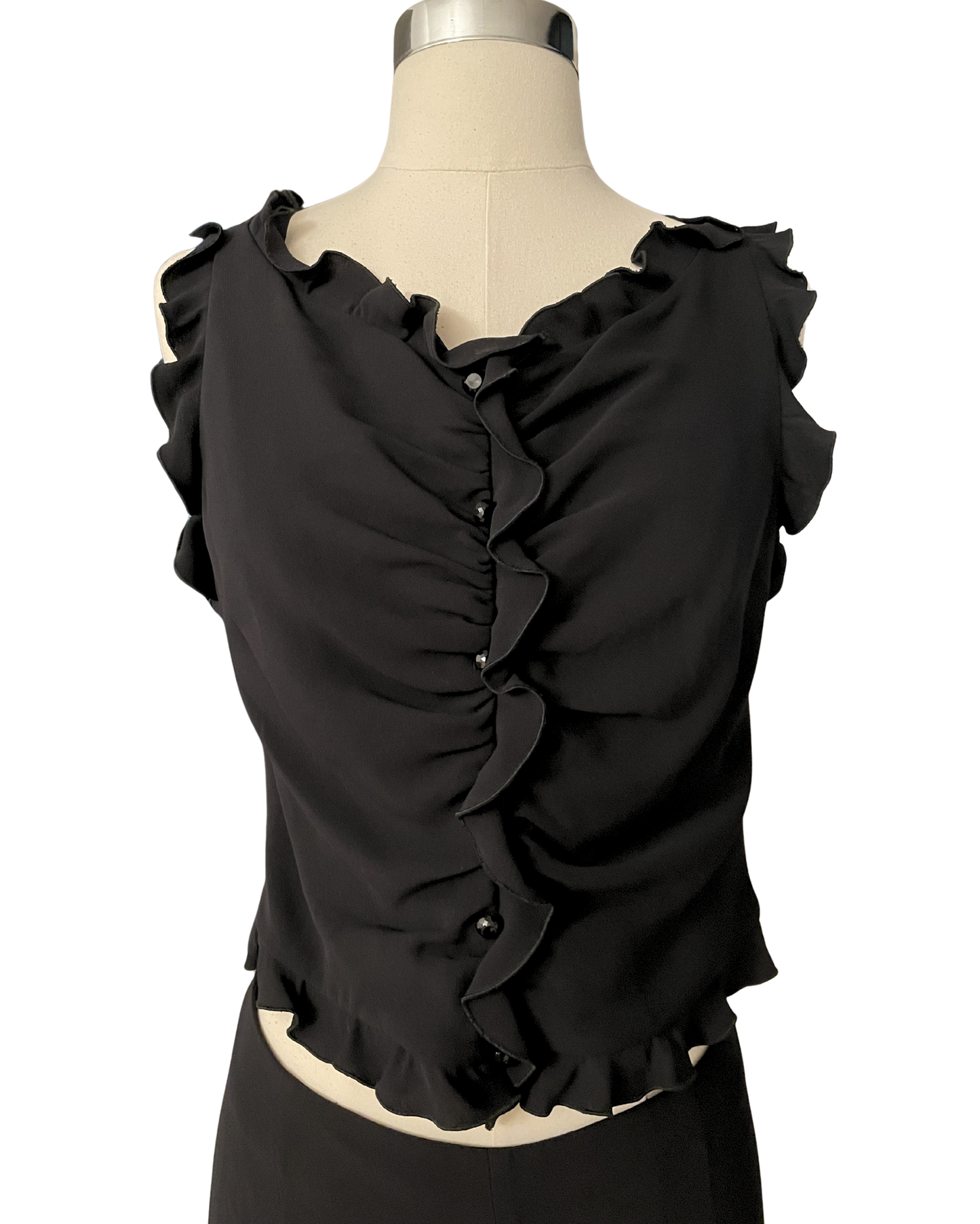 Valentino Spring Summer 2002 Runway Black Ruffle Top + Pant Set Full Look 2