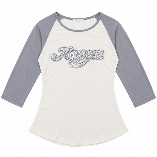 Front - Chloé Spring Summer 1999 'I Love You' raglan tee (ivory body, gray sleeves)