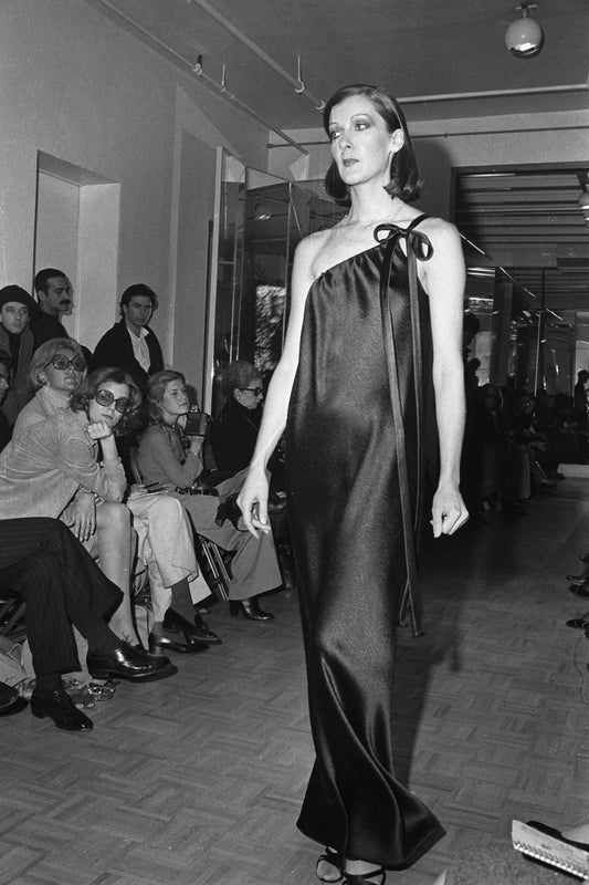 Halston 1970s Ivory Pleated One Shoulder Gown