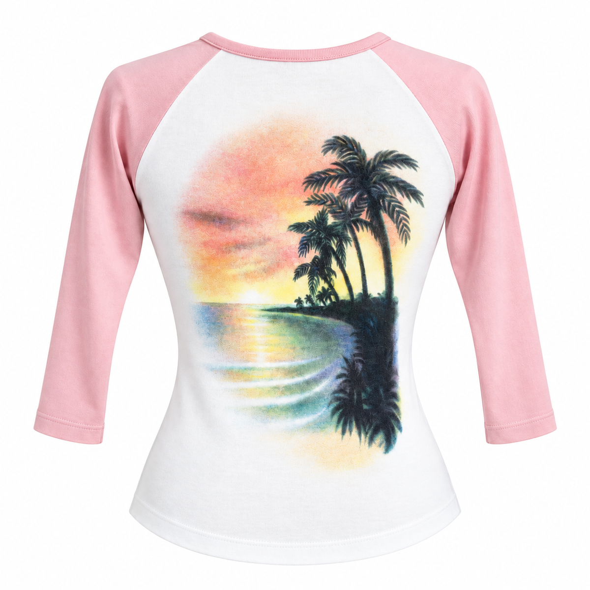 Back view — sunset/palm graphic on the same garment